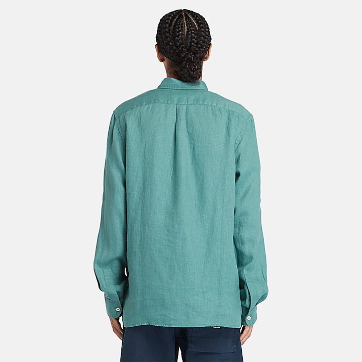Camisa de lino con bolsillo para hombre en azul verdoso
