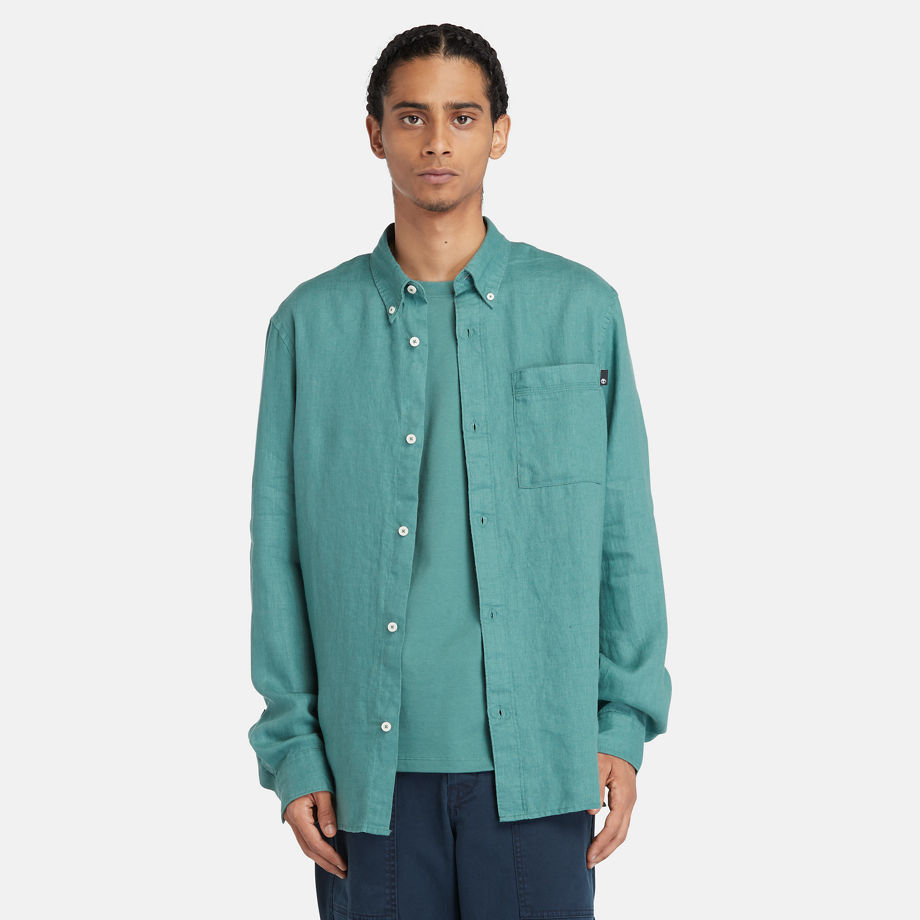 Timberland Linen Shirt With Pocket For Men In Teal Teal