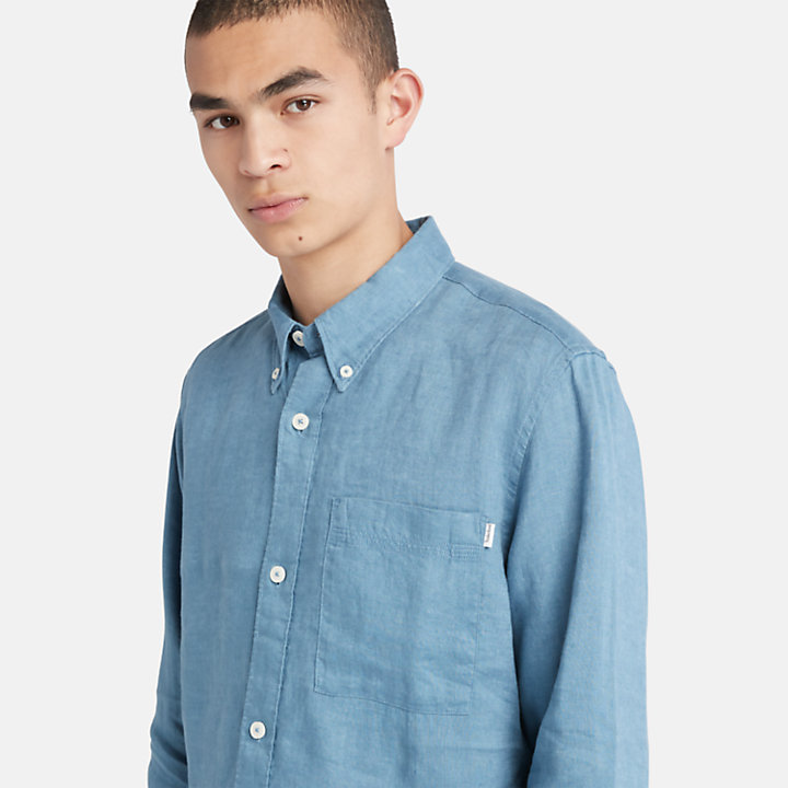 Camisa de lino con bolsillo para hombre en azul-