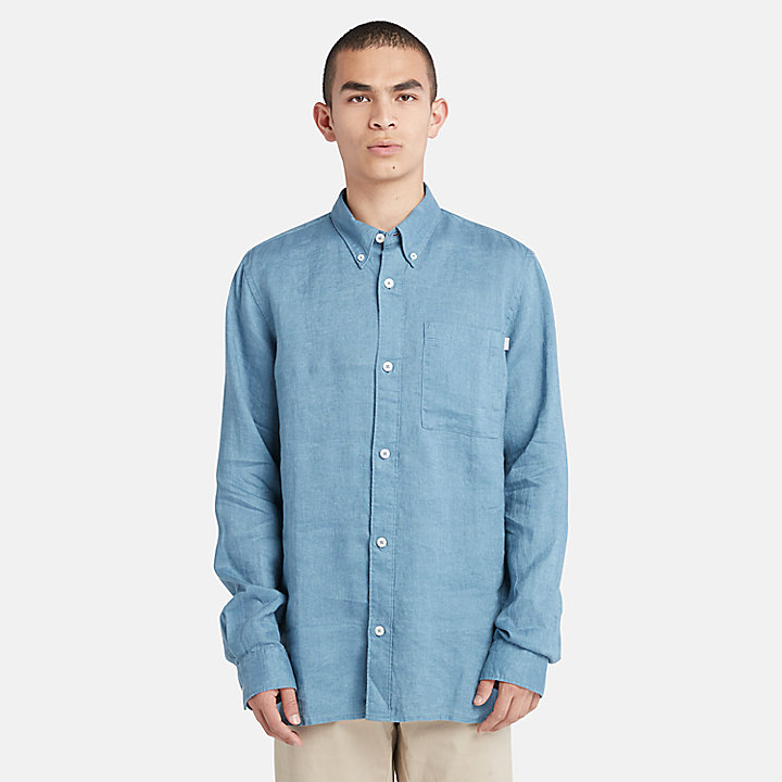 Camisa de lino con bolsillo para hombre en azul