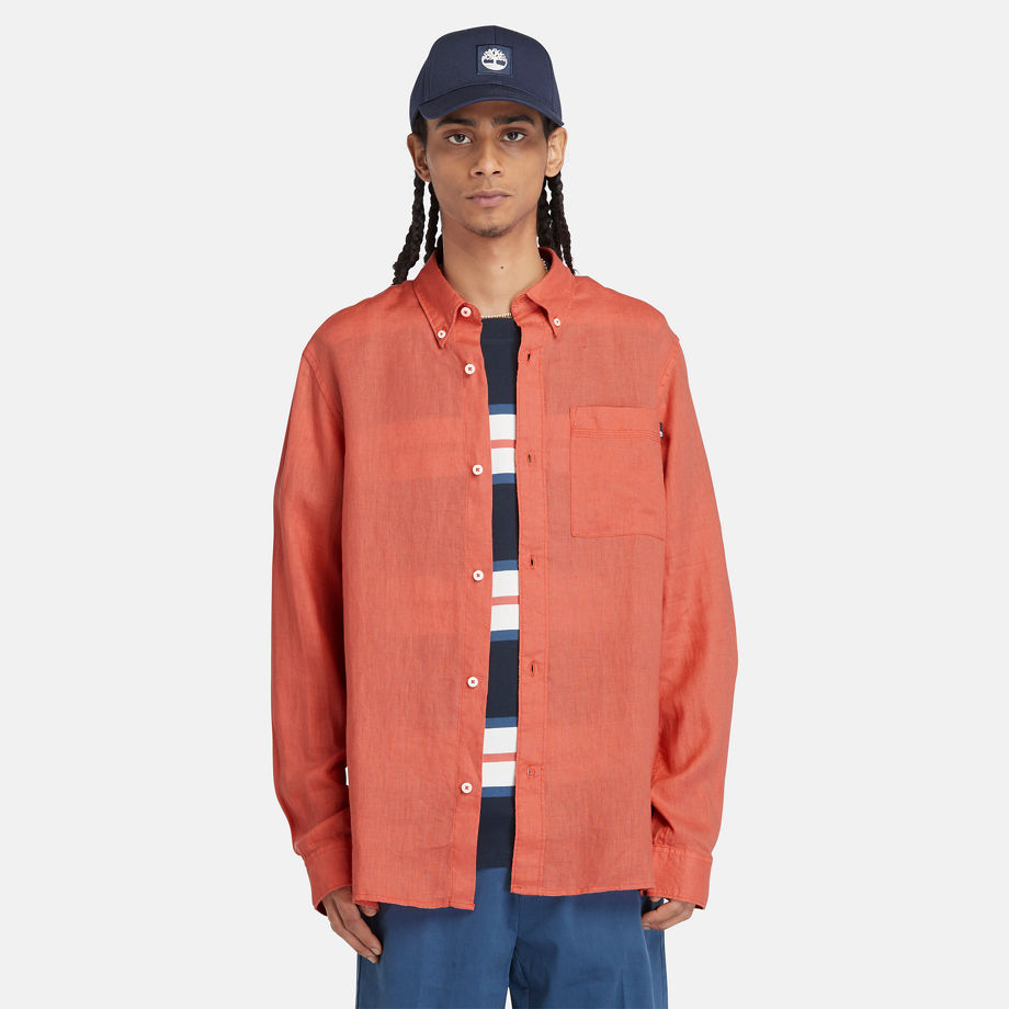 Timberland Linen Shirt With Pocket For Men In Light Orange Orange, Size 3XL