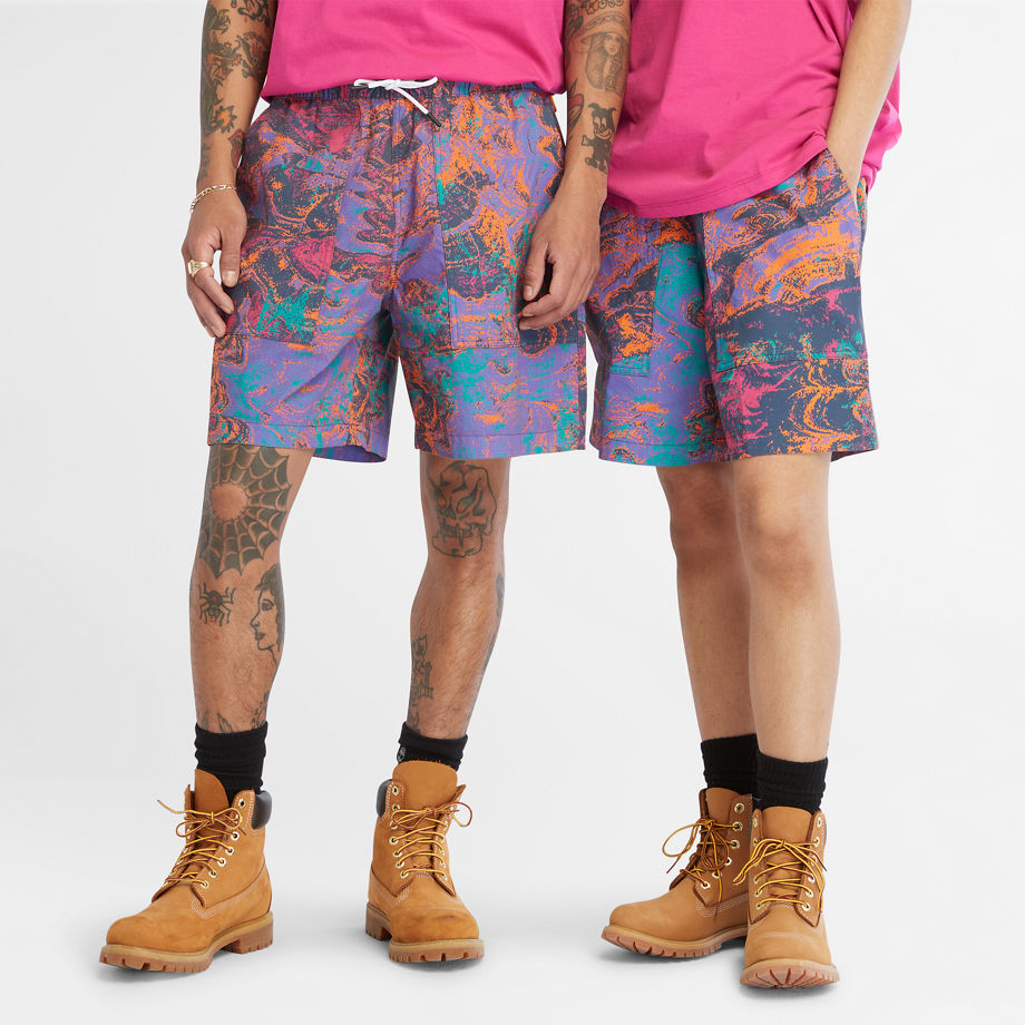 Timberland All Gender Printed Woven Shorts In Print Pink Unisex