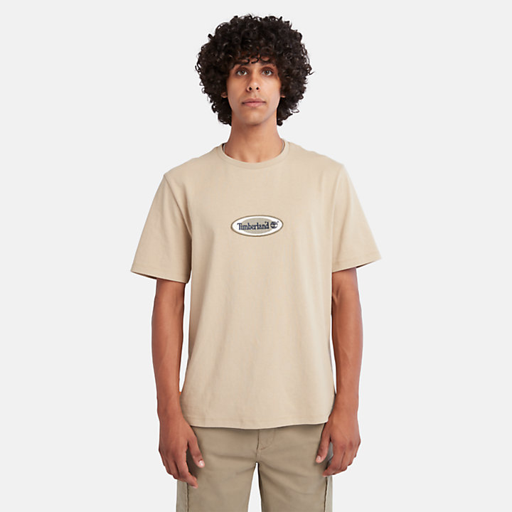 Camiseta de alto gramaje con logotipo ovalado para hombre en beis-