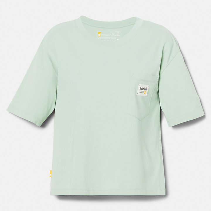 Katoenen T-shirt met borstzak voor dames in lichtgroen-