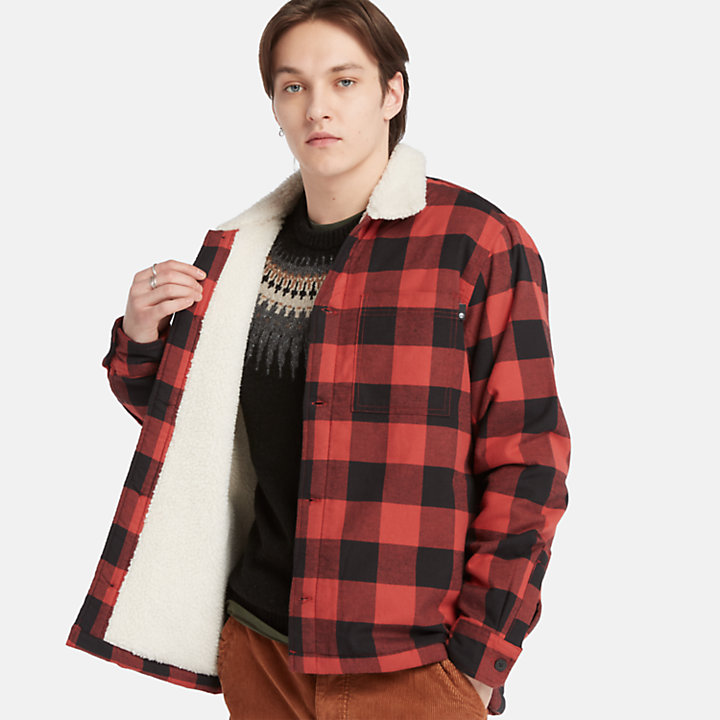 Buffalo Plaid High Pile Fleece-lined Overshirt for Men in Red-