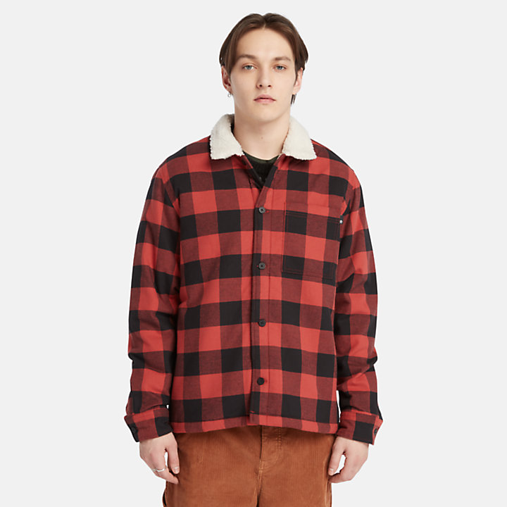 Buffalo Plaid High Pile Fleece-lined Overshirt for Men in Red-