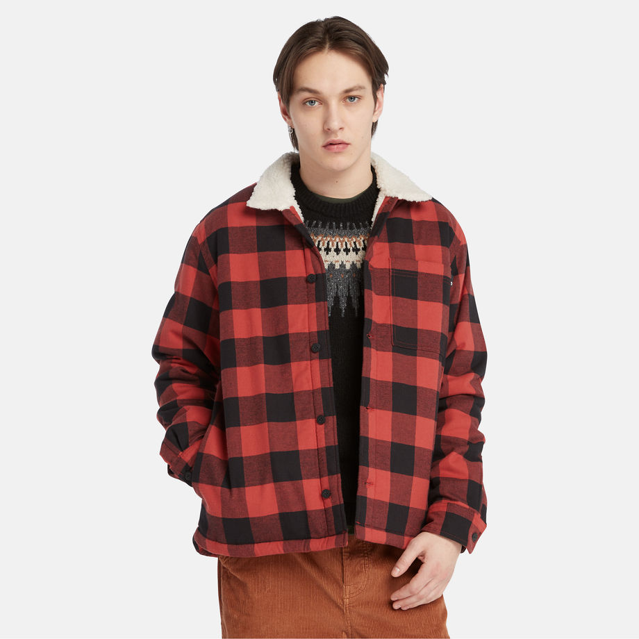 Timberland Buffalo Plaid High Pile Fleece-lined Overshirt For Men In Red Red