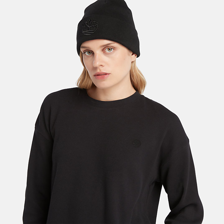 Camiseta de manga larga de punto gofrado para mujer en negro-