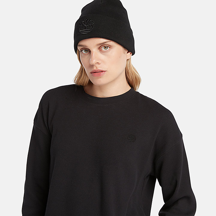 Camiseta de manga larga de punto gofrado para mujer en negro