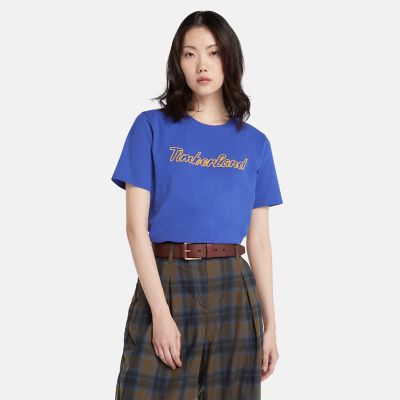 Timberland T-shirt Met Getextureerd Logo Voor Dames In Blauw Blauw, Grootte XL