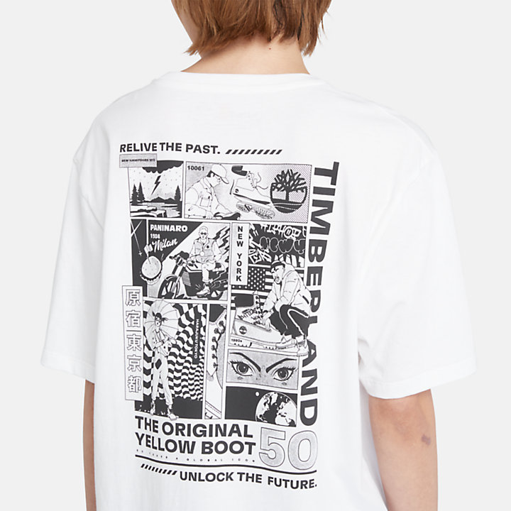 Camiseta con estampado gráfico de cómic unisex en blanco-