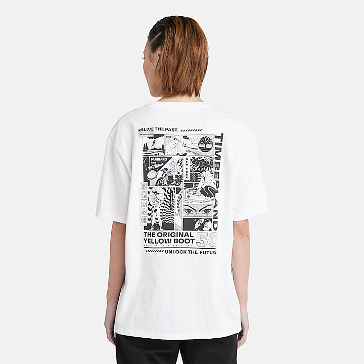 Camiseta con estampado gráfico de cómic unisex en blanco