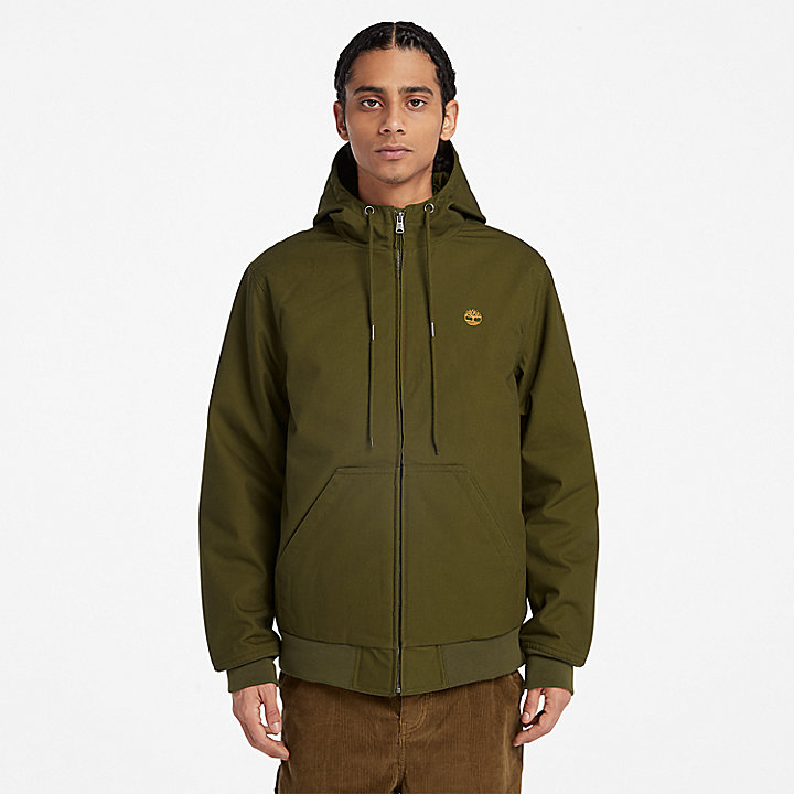Insulated Canvas Hooded Bomber Jacket for Men in Green