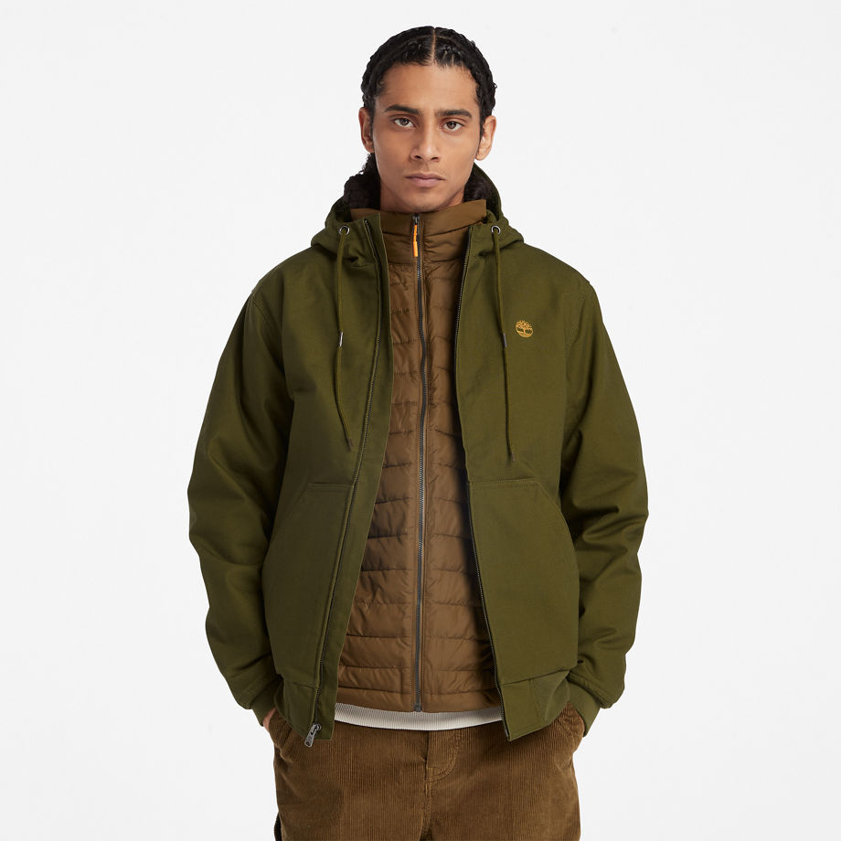 Timberland Insulated Canvas Hooded Bomber Jacket For Men In Green Green, Size M