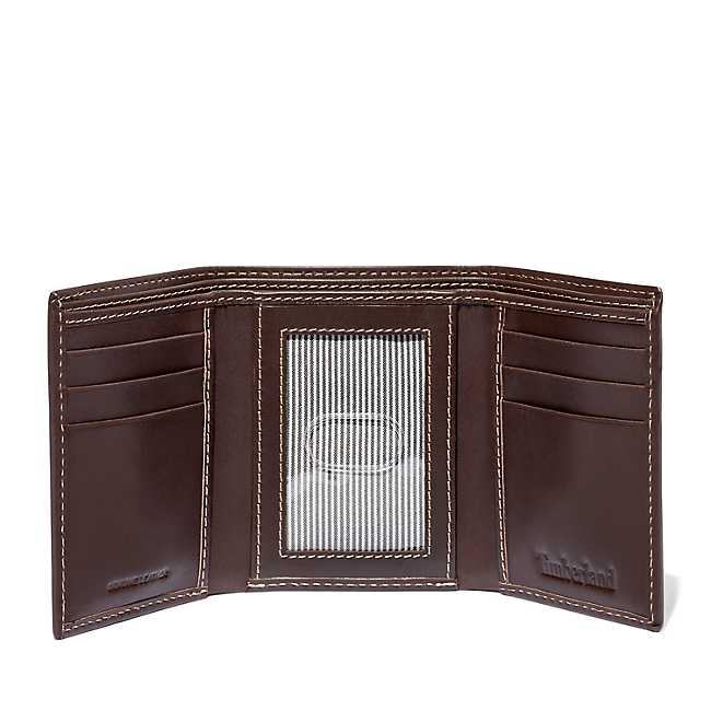 Timberland Men's Smooth Leather Tri-Fold Wallet Brown Smooth